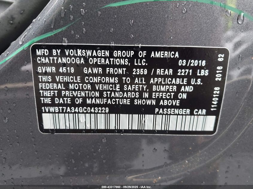 2016 Volkswagen Passat 1.8T Se VIN: 1VWBT7A34GC043229 Lot: 43317860