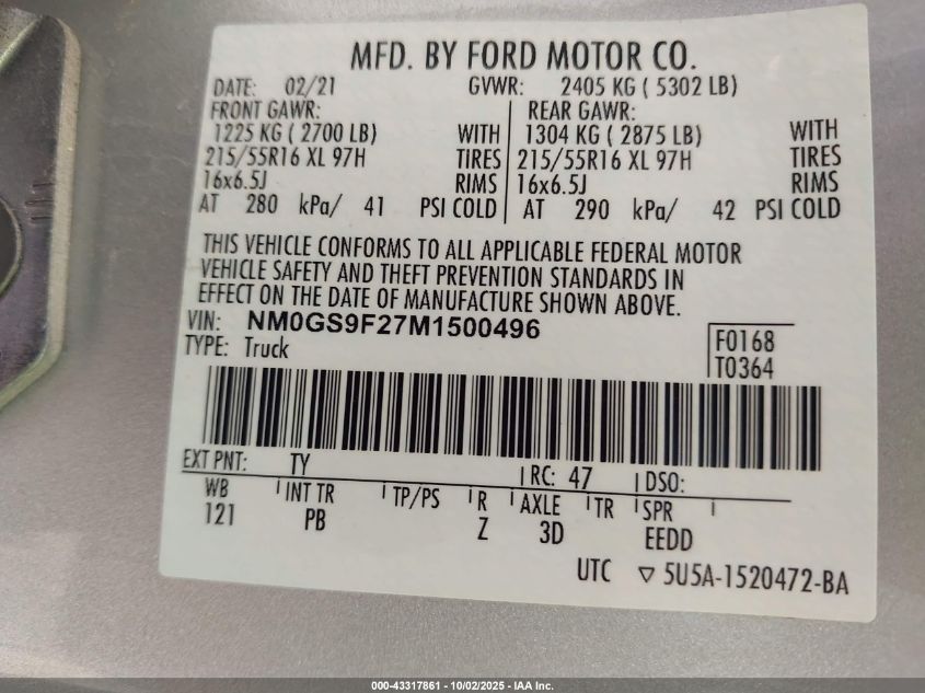 2021 Ford Transit Connect Xlt VIN: NM0GS9F27M1500496 Lot: 43317861