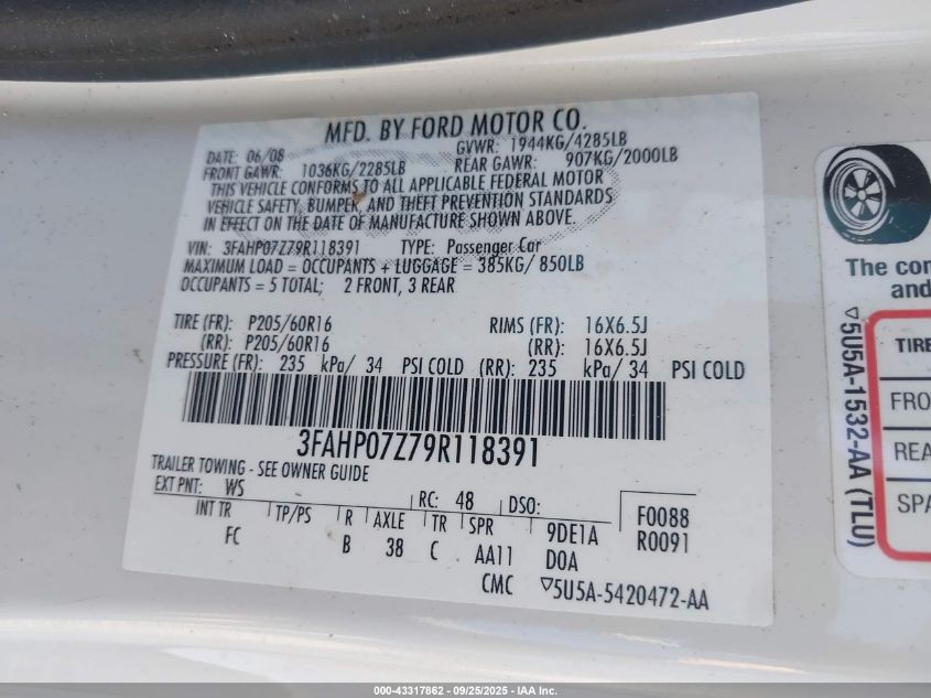 2009 Ford Fusion Se VIN: 3FAHP07Z79R118391 Lot: 43317862