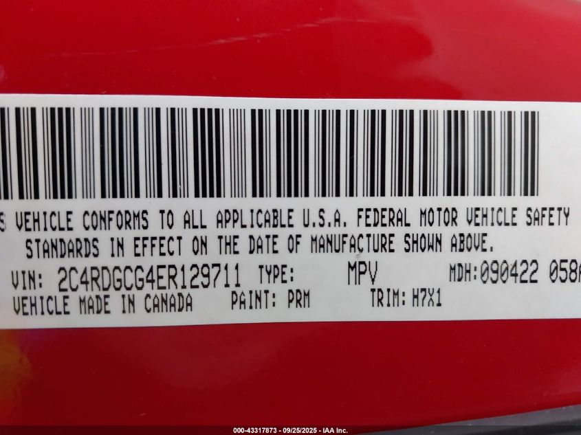 2014 Dodge Grand Caravan Sxt VIN: 2C4RDGCG4ER129711 Lot: 43317873