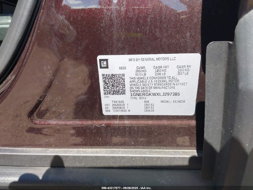 2020 Chevrolet Traverse Fwd Lt Cloth VIN: 1GNERGKWXLJ297385 Lot: 43317877