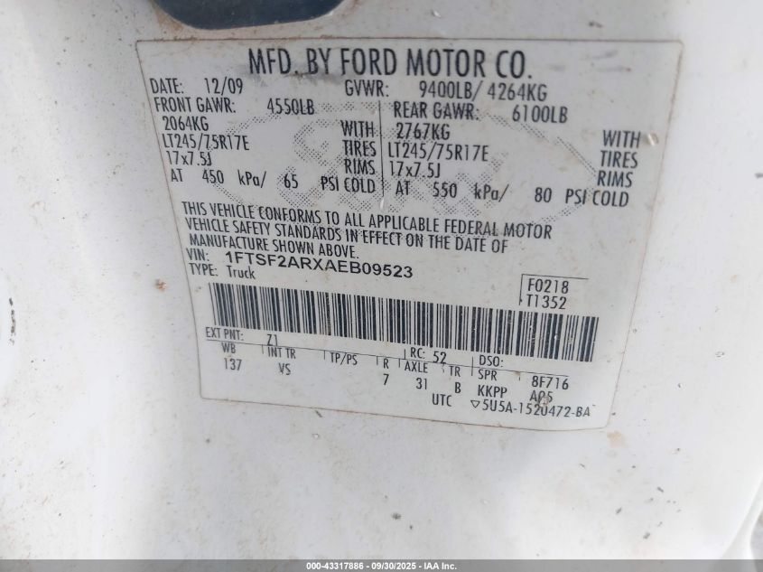 2010 Ford F-250 Xl/Xlt VIN: 1FTSF2ARXAEB09523 Lot: 43317886