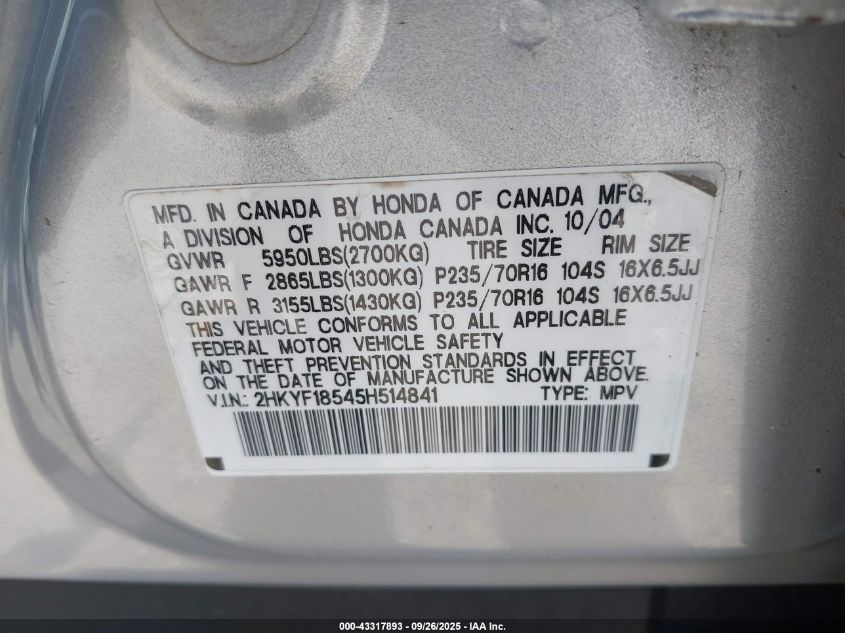 2005 Honda Pilot Ex-L VIN: 2HKYF18545H514841 Lot: 43317893