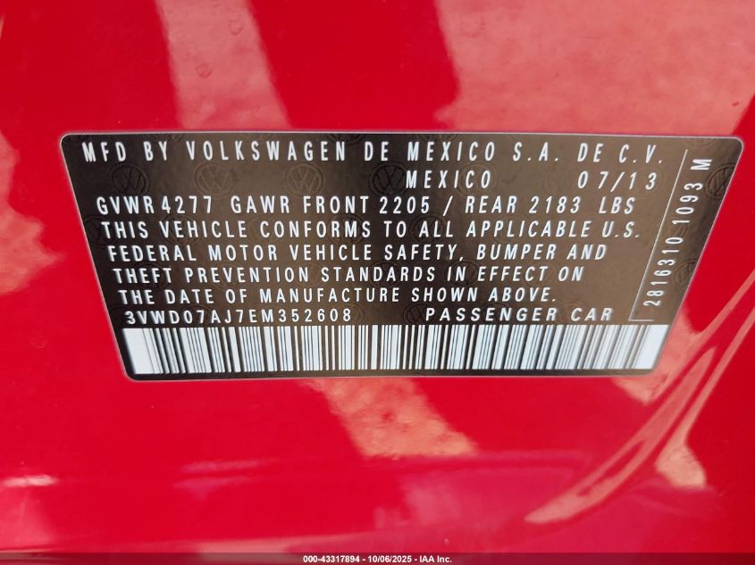 2014 Volkswagen Jetta 1.8T Se VIN: 3VWD07AJ7EM352608 Lot: 43317894