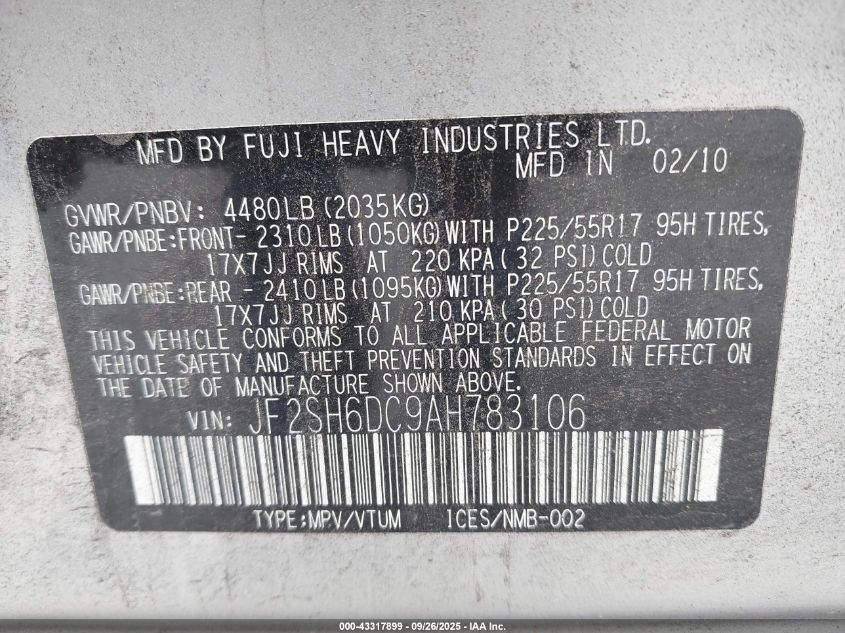 2010 Subaru Forester 2.5X Limited VIN: JF2SH6DC9AH783106 Lot: 43317899