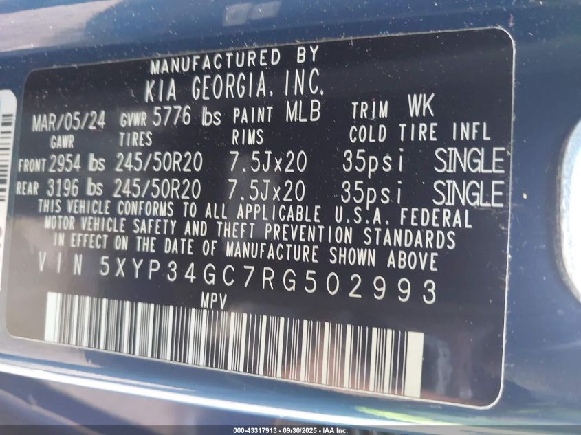 2024 Kia Telluride Ex VIN: 5XYP34GC7RG502993 Lot: 43317913