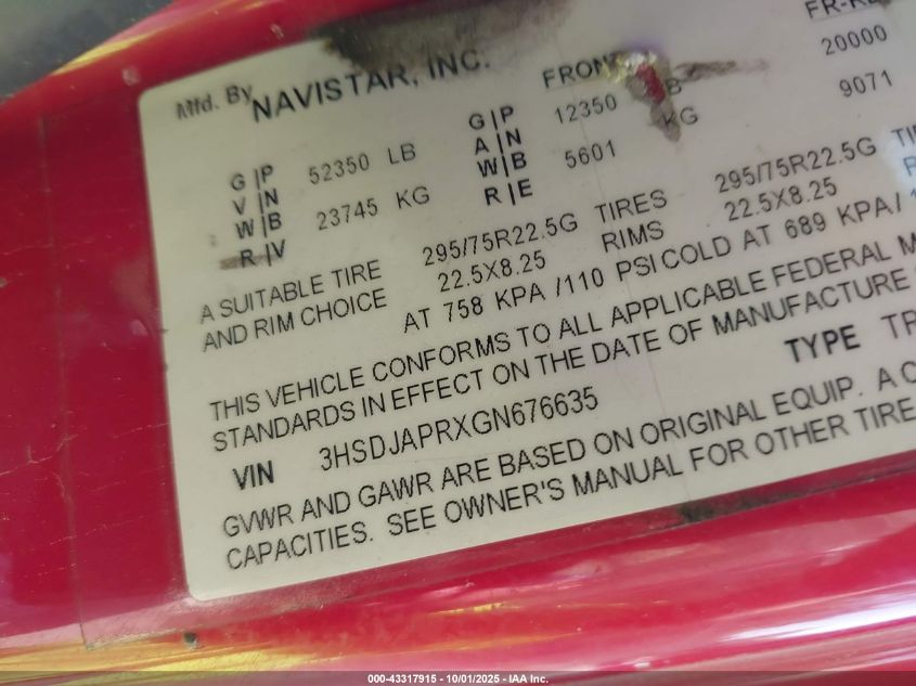 2016 International Prostar VIN: 3HSDJAPRXGN676635 Lot: 43317915
