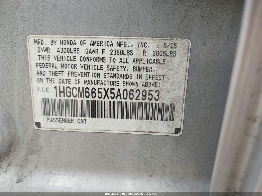 2005 Honda Accord 3.0 Ex VIN: 1HGCM665X5A062953 Lot: 43317916