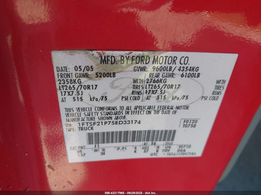 2005 Ford F-250 Xl/Xlt VIN: 1FTSF21P75ED33174 Lot: 43317965