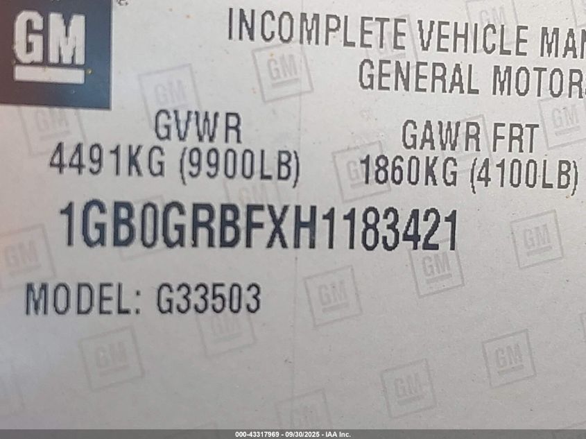 2017 Chevrolet Express Cutaway Work Van VIN: 1GB0GRBFXH1183421 Lot: 43317969