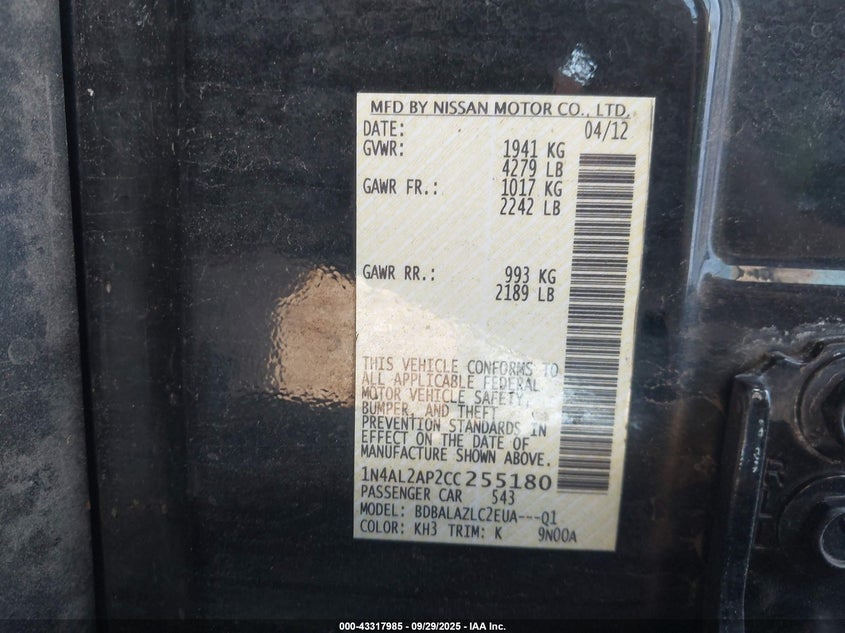 2012 Nissan Altima 2.5 VIN: 1N4AL2AP2CC255180 Lot: 43317985