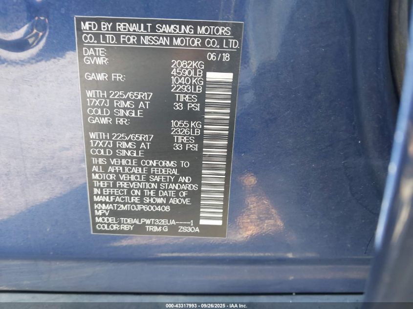 2018 Nissan Rogue S VIN: KNMAT2MT0JP600408 Lot: 43317993