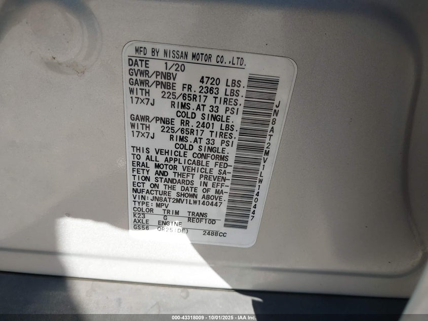 2020 Nissan Rogue Sv Intelligent Awd VIN: JN8AT2MV1LW140447 Lot: 43318009