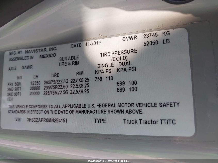 2021 International Lt VIN: 3HSDZAPR0MN294151 Lot: 43318013