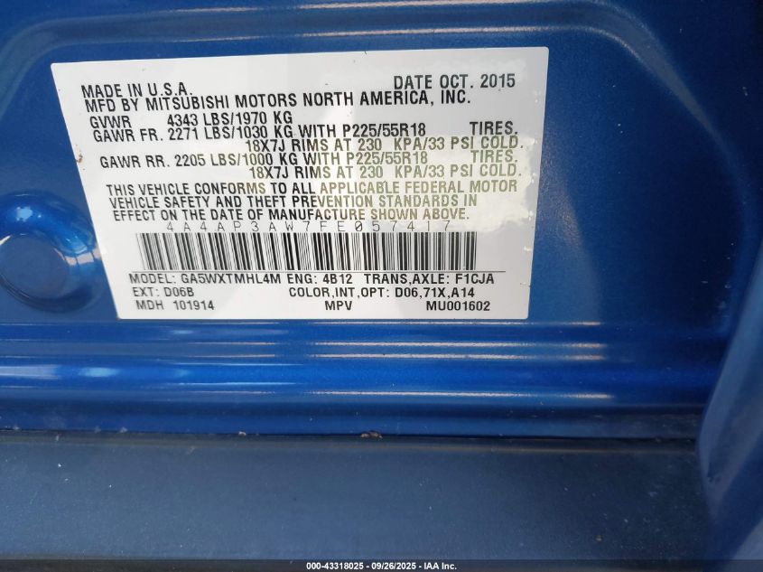 2015 Mitsubishi Outlander Sport Es VIN: 4A4AP3AW7FE057417 Lot: 43318025