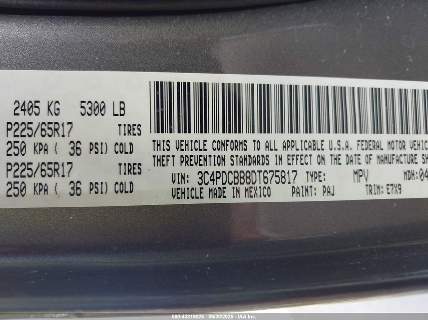 2013 Dodge Journey Sxt VIN: 3C4PDCBB8DT675817 Lot: 43318026