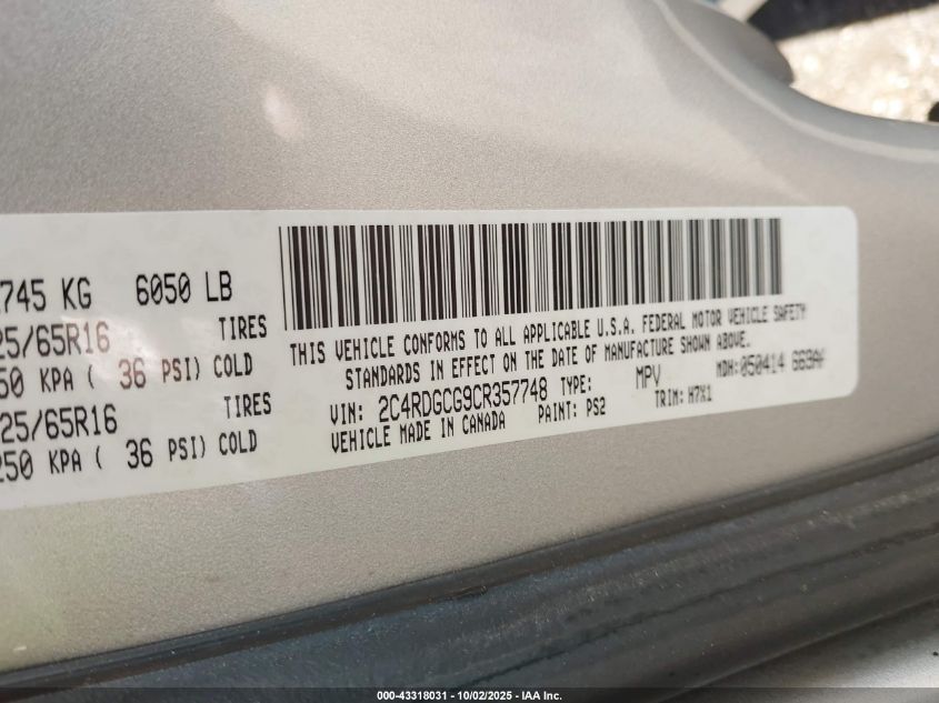 2012 Dodge Grand Caravan Sxt VIN: 2C4RDGCG9CR357748 Lot: 43318031