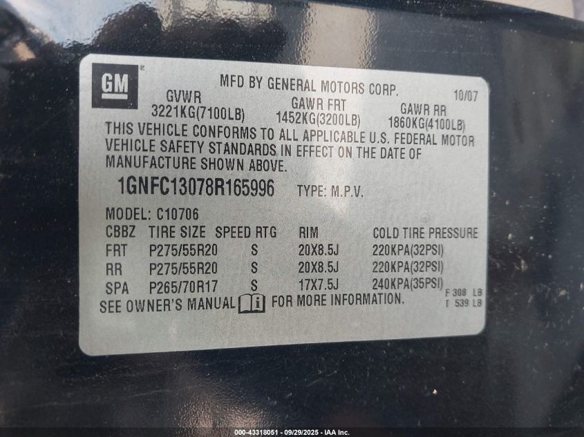2008 Chevrolet Tahoe Lt VIN: 1GNFC13078R165996 Lot: 43318051