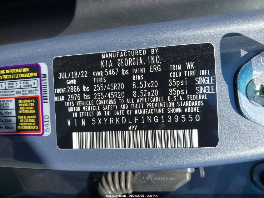 2022 Kia Sorento X-Line Sx Prestige VIN: 5XYRKDLF1NG139550 Lot: 43318058