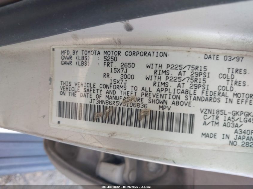 1997 Toyota 4Runner Sr5 V6 VIN: JT3HN86R5V0106836 Lot: 43318061