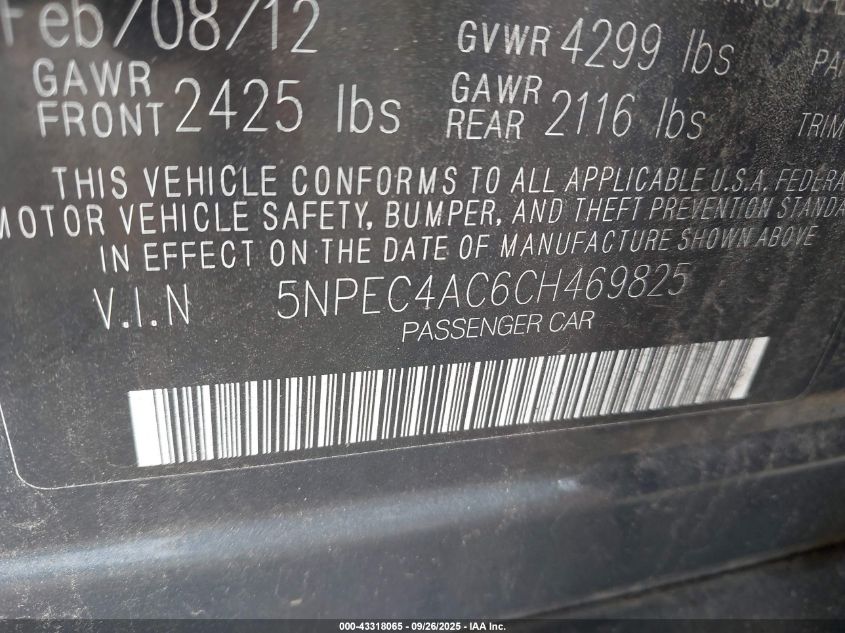 2012 Hyundai Sonata Limited VIN: 5NPEC4AC6CH469825 Lot: 43318065