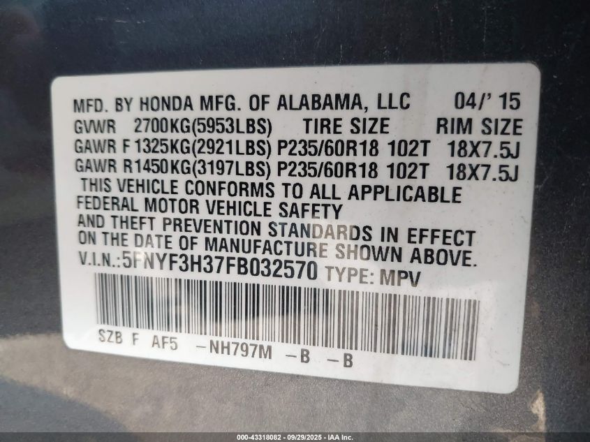 2015 Honda Pilot Se VIN: 5FNYF3H37FB032570 Lot: 43318082