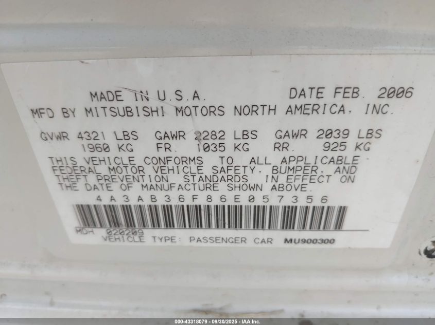 MITSUBISHI GALANT 2006 4A3AB36F86E057356 Photo 9