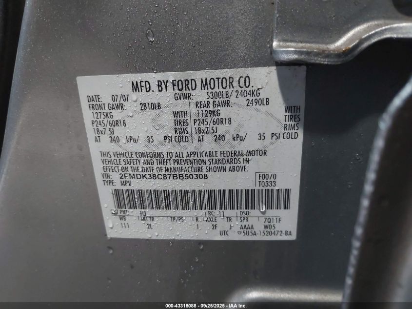 2007 Ford Edge Sel VIN: 2FMDK38C87BB50308 Lot: 43318088