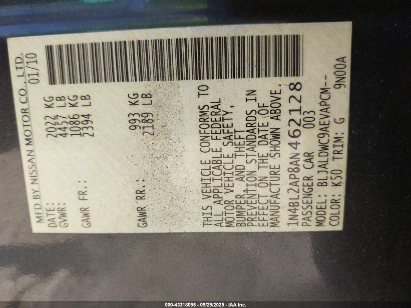 2010 Nissan Altima 3.5 Sr VIN: 1N4BL2AP8AN462128 Lot: 43318096