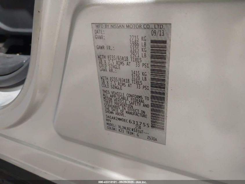 2014 Nissan Pathfinder S VIN: 5N1AR2MM0EC631755 Lot: 43318101