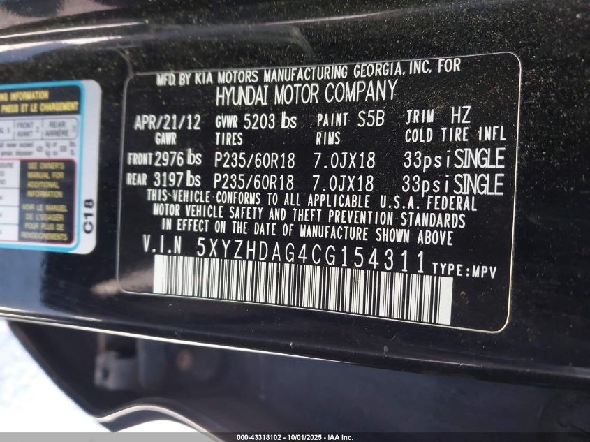 2012 Hyundai Santa Fe Se VIN: 5XYZHDAG4CG154311 Lot: 43318102