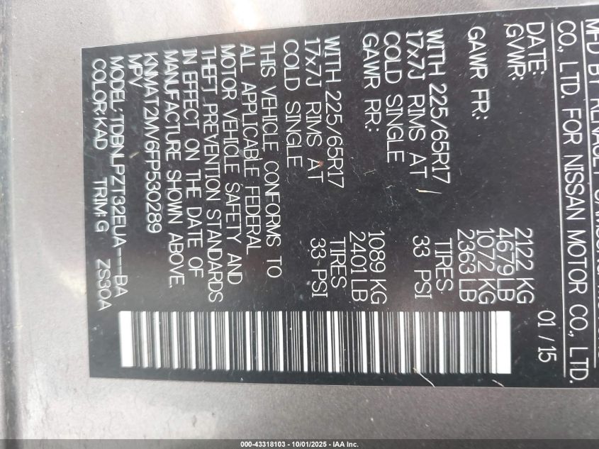 2015 Nissan Rogue S VIN: KNMAT2MV6FP530289 Lot: 43318103