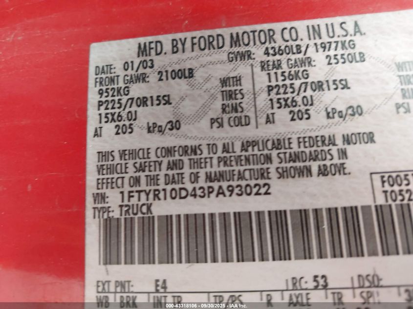 2003 Ford Ranger Xl/Xlt VIN: 1FTYR10D43PA93022 Lot: 43318106