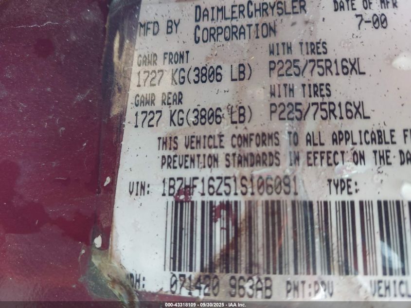 2001 Dodge Ram 1500 St VIN: 1B7HF16Z51S106091 Lot: 43318109