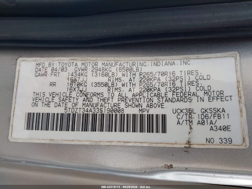 2003 Toyota Sequoia Sr5 V8 VIN: 5TDZT34A33S190008 Lot: 43318113