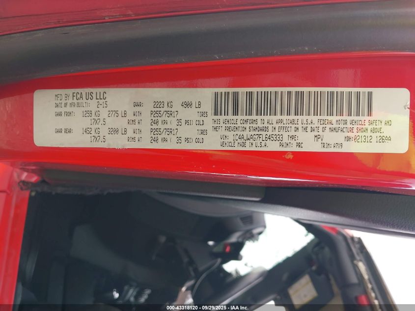 2015 Jeep Wrangler Sport VIN: 1C4AJWAG7FL645333 Lot: 43318120