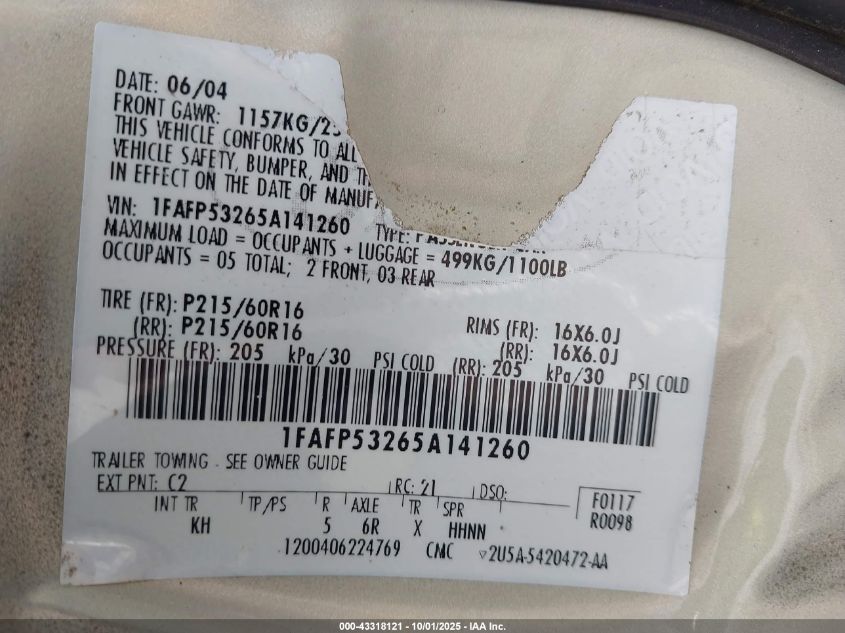 2005 Ford Taurus Se VIN: 1FAFP53265A141260 Lot: 43318121