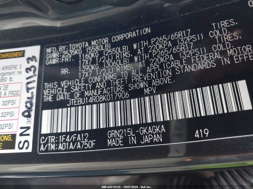 2008 Toyota 4Runner Sr5 V6 VIN: JTEBU14R08K017906 Lot: 43318123