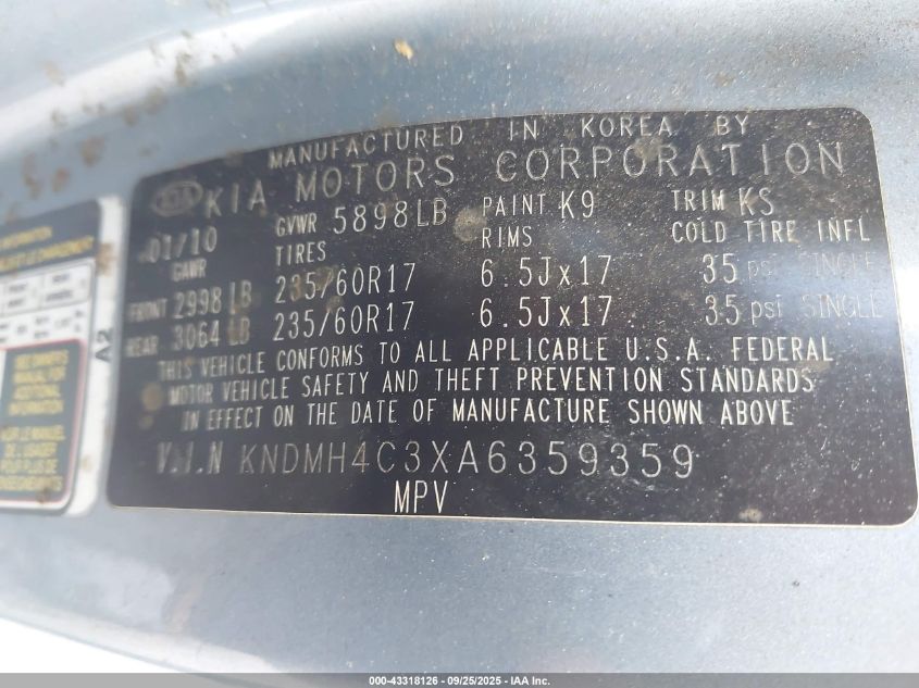 2010 Kia Sedona Ex VIN: KNDMH4C3XA6359359 Lot: 43318126