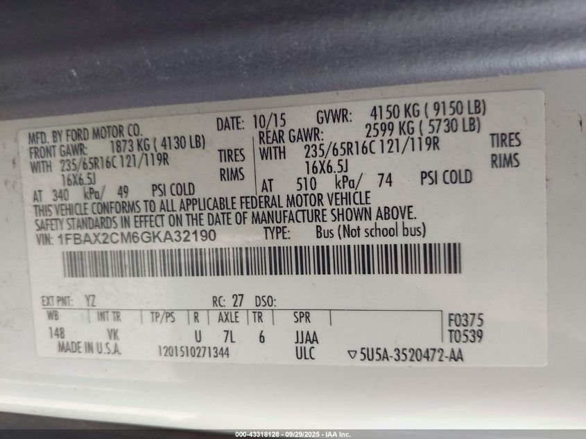 2016 Ford Transit-350 Xl VIN: 1FBAX2CM6GKA32190 Lot: 43318128