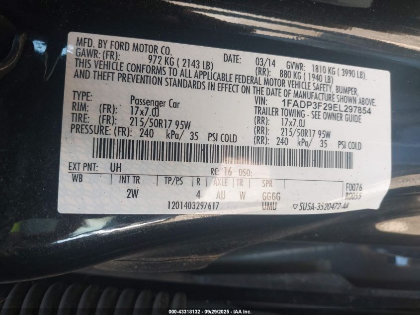 2014 Ford Focus Se VIN: 1FADP3F29EL297854 Lot: 43318132