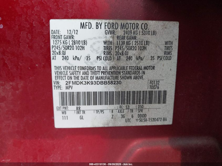 2013 Ford Edge Limited VIN: 2FMDK3K93DBB58230 Lot: 43318136