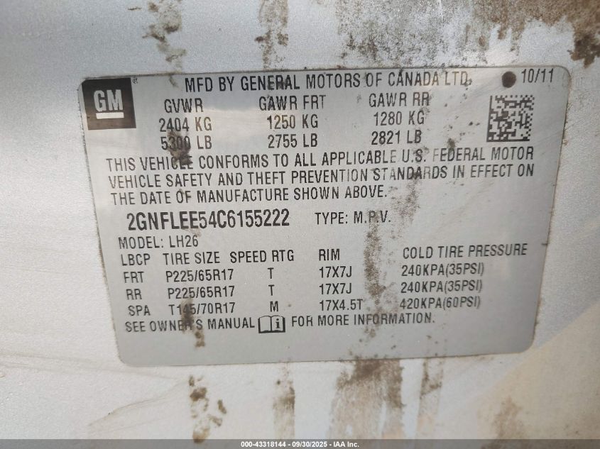 2012 Chevrolet Equinox 1Lt VIN: 2GNFLEE54C6155222 Lot: 43318144