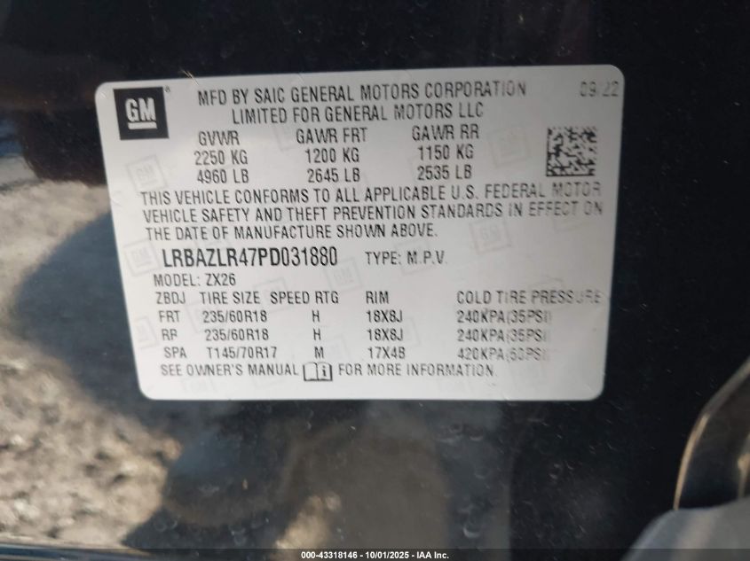 2023 Buick Envision Preferred Fwd VIN: LRBAZLR47PD031880 Lot: 43318146
