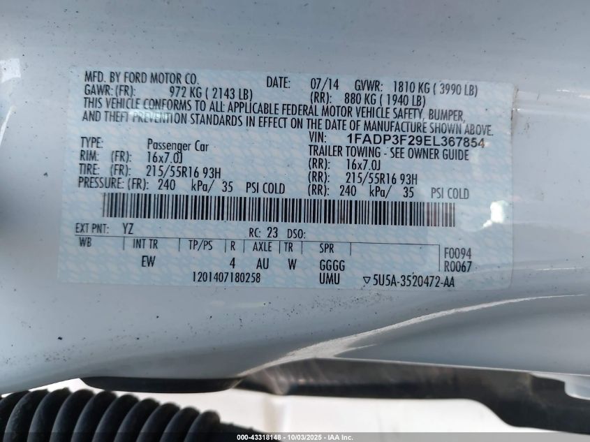 2014 Ford Focus Se VIN: 1FADP3F29EL367854 Lot: 43318148