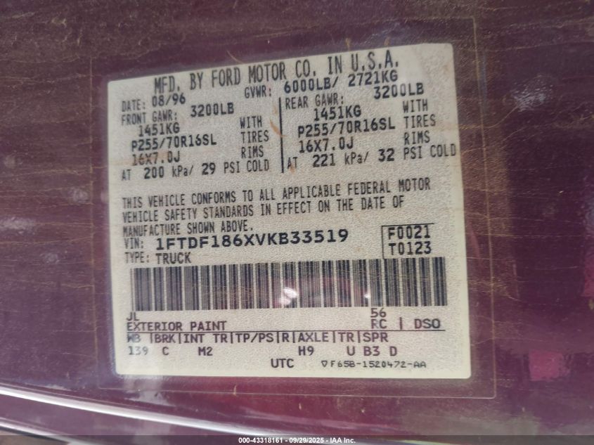 1997 Ford F-150 Lariat/Standard/Xl/Xlt VIN: 1FTDF186XVKB33519 Lot: 43318161