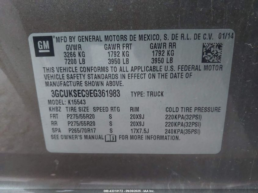 2014 Chevrolet Silverado 1500 1Lz VIN: 3GCUKSEC9EG361983 Lot: 43318172