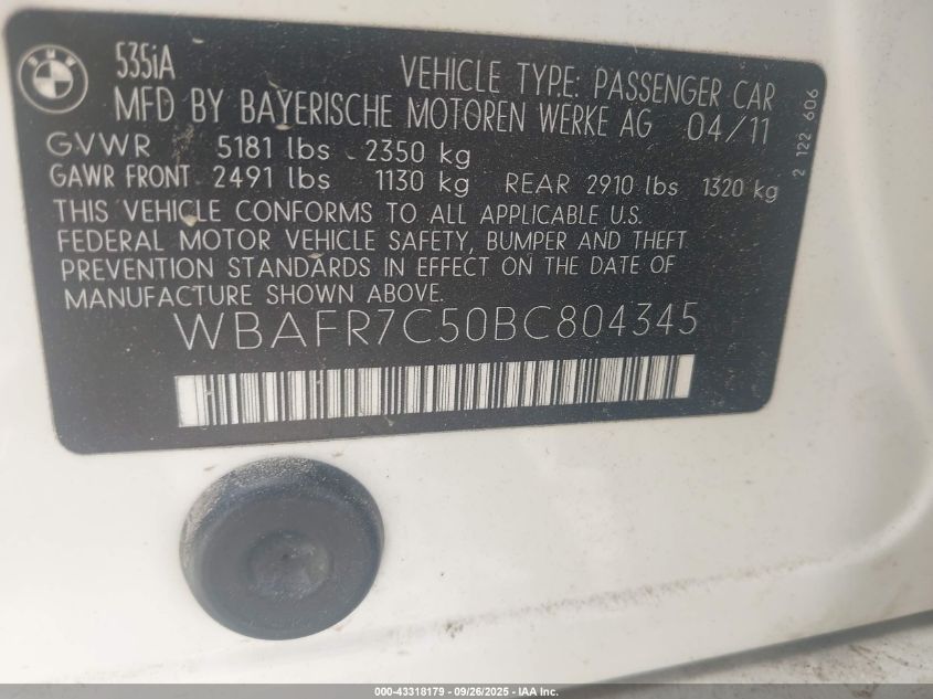 2011 BMW 535I VIN: WBAFR7C50BC804345 Lot: 43318179