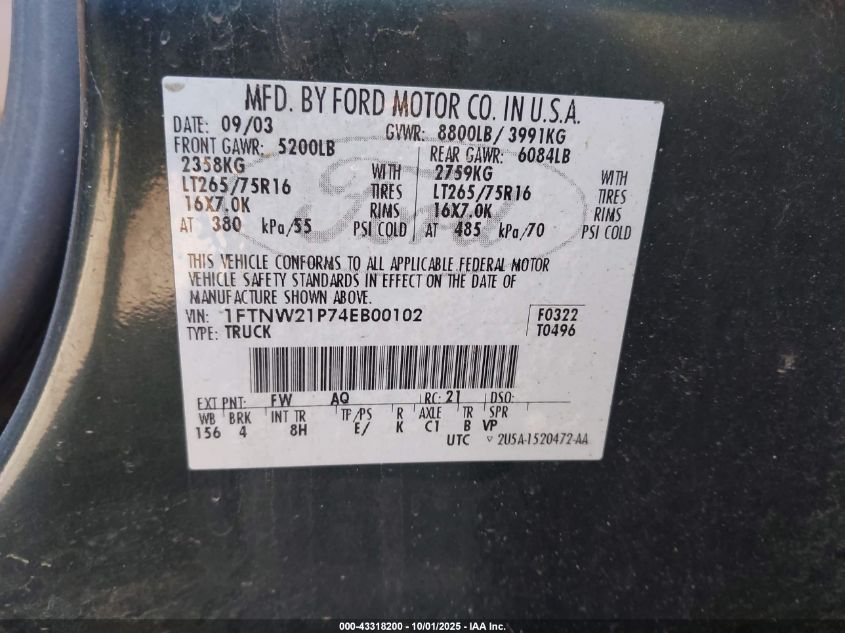 2004 Ford F-250 Lariat/Xl/Xlt VIN: 1FTNW21P74EB00102 Lot: 43318200