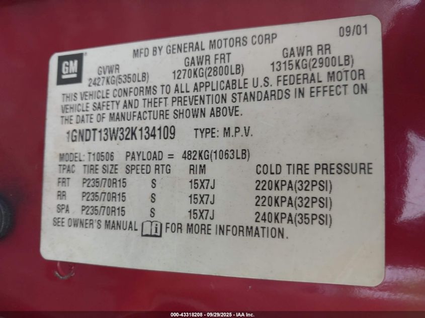 2002 Chevrolet Blazer Ls VIN: 1GNDT13W32K134109 Lot: 43318208